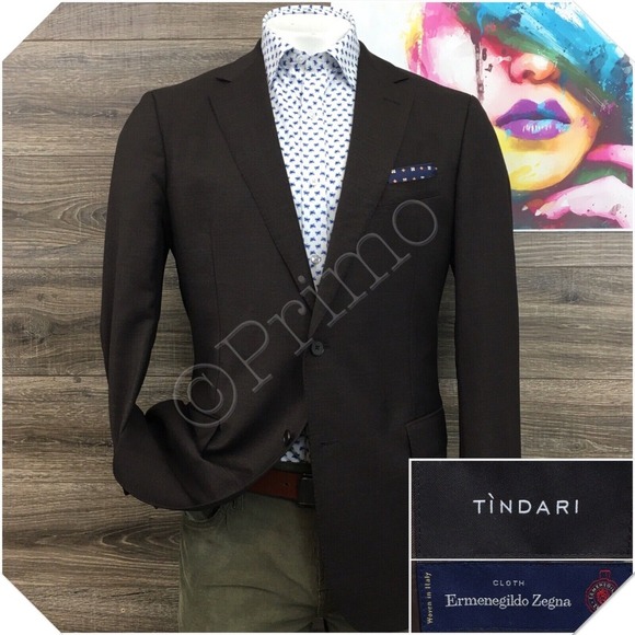 TINDARI Mens Blazer Sport Coat Casual‎ Jacket Size 42R Zegna Wool Suit Brown - Picture 1 of 13